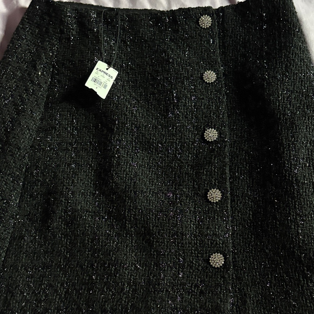 Express Black Tweed Pencil Skirt with Button Accents